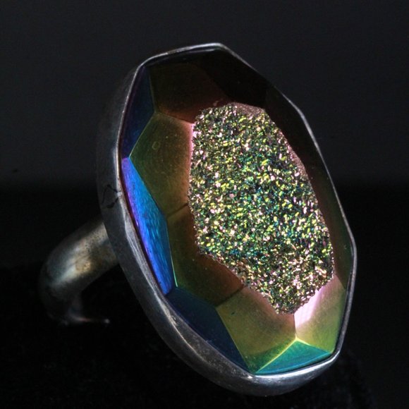 STERLING SILVER OBSIDIAN DRUZY LARGE OVAL SPLIT RING - Picture 4 of 7
